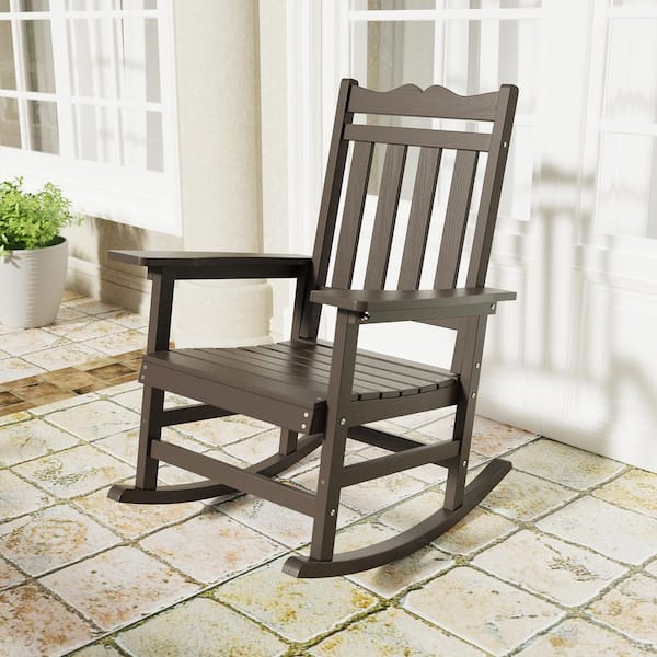 Coffee Plastic Adirondack Rocking Chair with Big Armrest Weather Resistant, Fire Pit Outdoor Rocking Chair