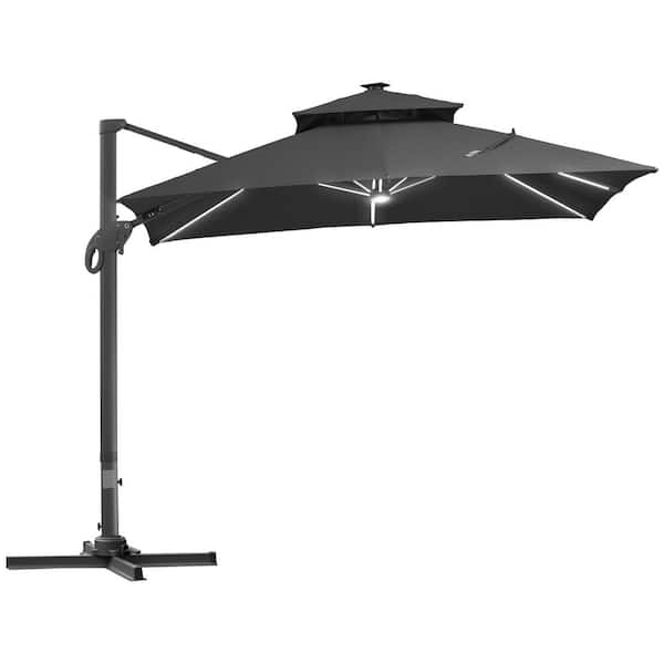 Zeus & Ruta 10 ft. LED Steel Cantilever Patio Umbrella with Double Top Square, 4-Position Tilt, Crank and Cross Base in Dark Gray