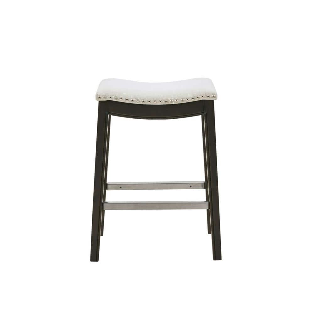 Cream Upholstered Saddle Counter Stool with Dark Wood Frame