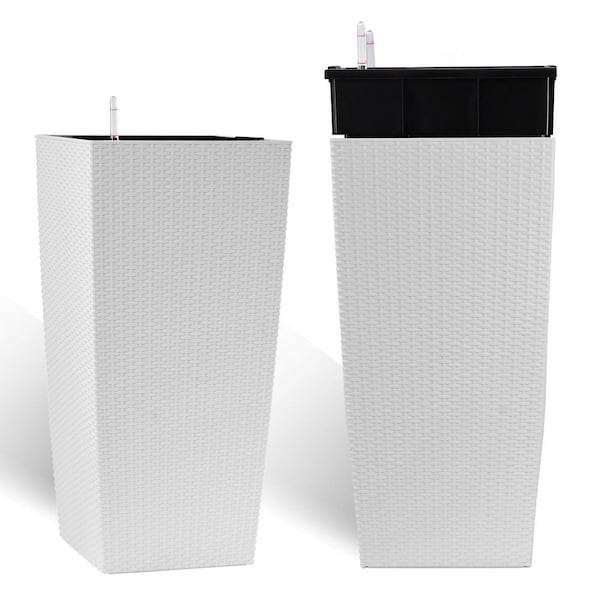 Polypropylene Plastic Square Planter Set with Self-Watering Drainage Holes&Inner Trays in White for Patio