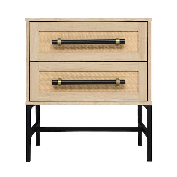 Sophia 2-Drawer Nightstand 25 in. Natural Oak Look with Patterned Panels, Matte Hardware, and Minimalist Black Frame