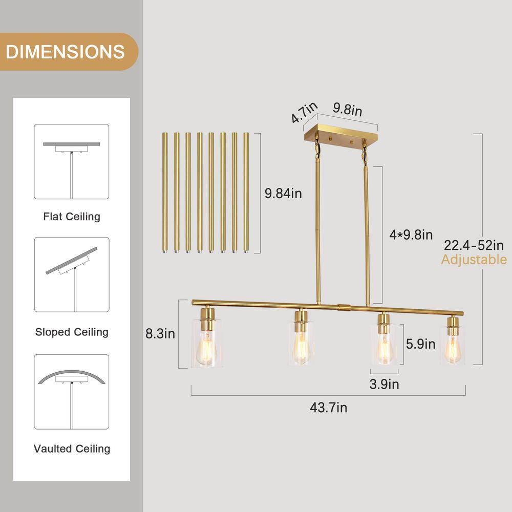 Golden Linear Metal Chandelier with Clear Glass Shades