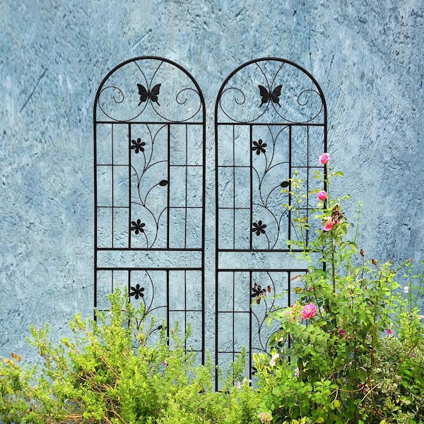 71 in. Metal Butterfly Decorative Garden Trellis, Rustproof Garden Fencing for Climbing Plants, Black (2-Pack)