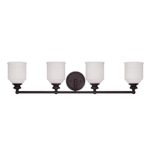 Melrose 33.5 in. W x 7.75 in. H 4-Light English Bronze Bathroom Vanity Light with White Glass Shades