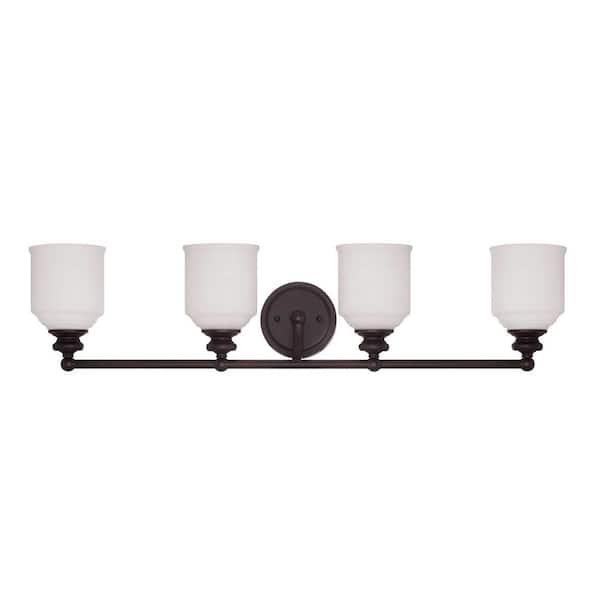 Savoy House Melrose 33.5 in. W x 7.75 in. H 4-Light English Bronze Bathroom Vanity Light with White Glass Shades