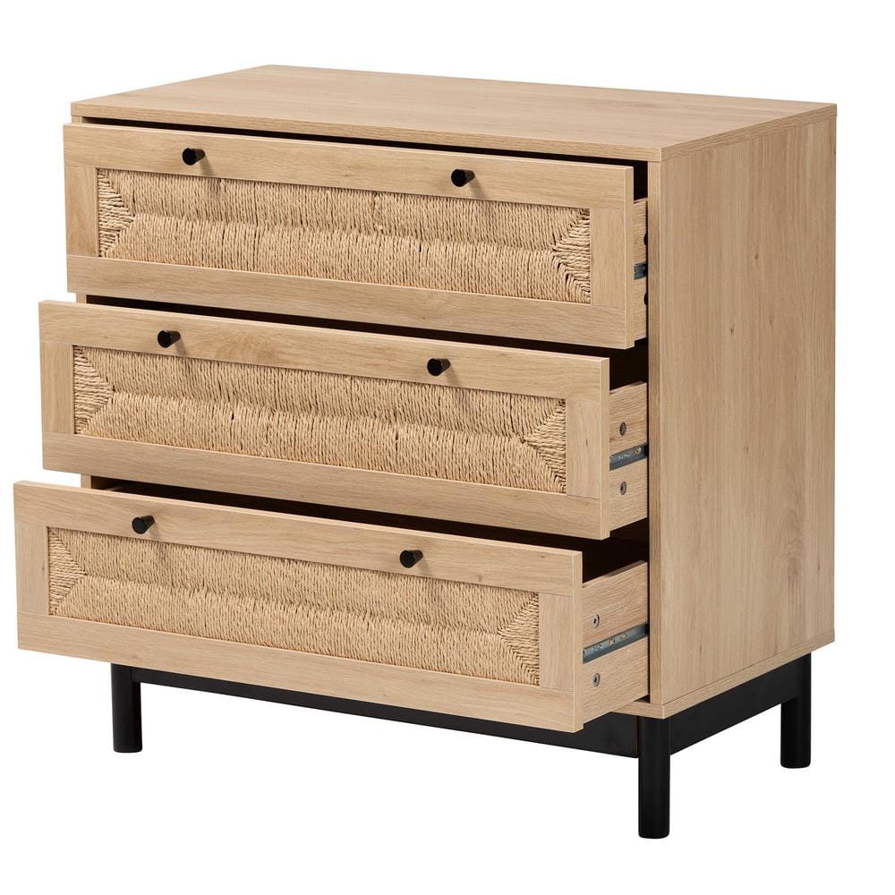 Cherelle Light Brown and Black 3-Drawer Mid-Century Storage Cabinet