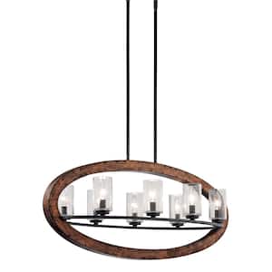 Grand Bank 36 in. 8-Light Auburn Stained Wood and Black Farmhouse Shaded Oval Chandelier for Dining Room