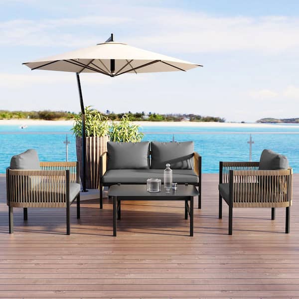 4-Piece Metal Patio Conversation Set with Gray Cushions and Table for Garden, Backyard