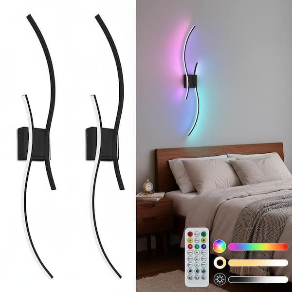 39 in. 2-Light Black Modern Wireless Wall Sconces, 10 Color RGB with Stepless Dimming for Living Room, Bedroom,2-Pack