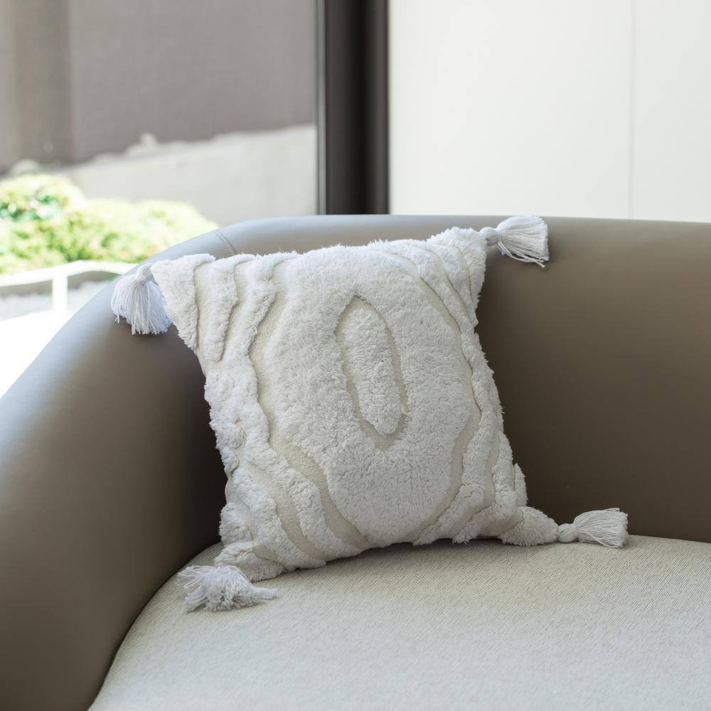 Bohemian Bliss Handwoven Cotton 17" Throw Pillow Cover with Tassel Corners, White