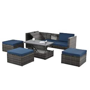 5-Piece Outdoor Patio PE Wicker Conversation Set Furniture Set with Liftable Plywood Coffee Table and Cushion Cushions
