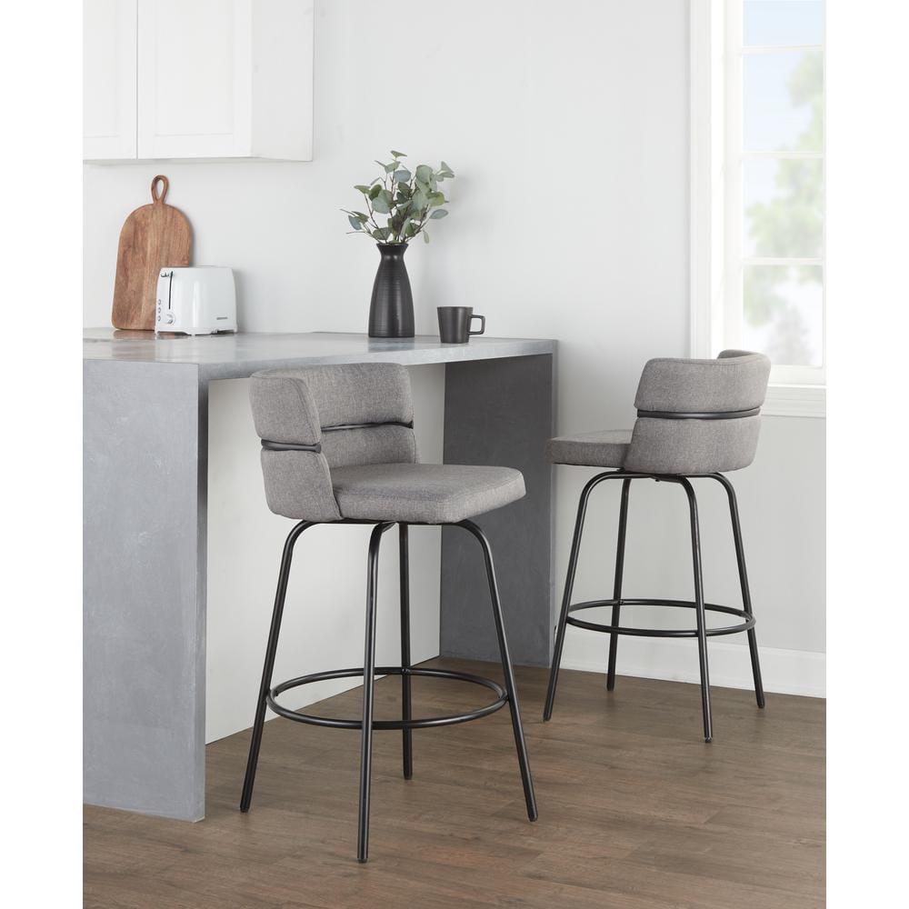 Lumisource Cinch Claire 25.75 in. Light Grey Fabric and Black Metal  Fixed-Height Counter Stool with Round Footrest (Set of 2) B26-CINCH-CLARZQ2  