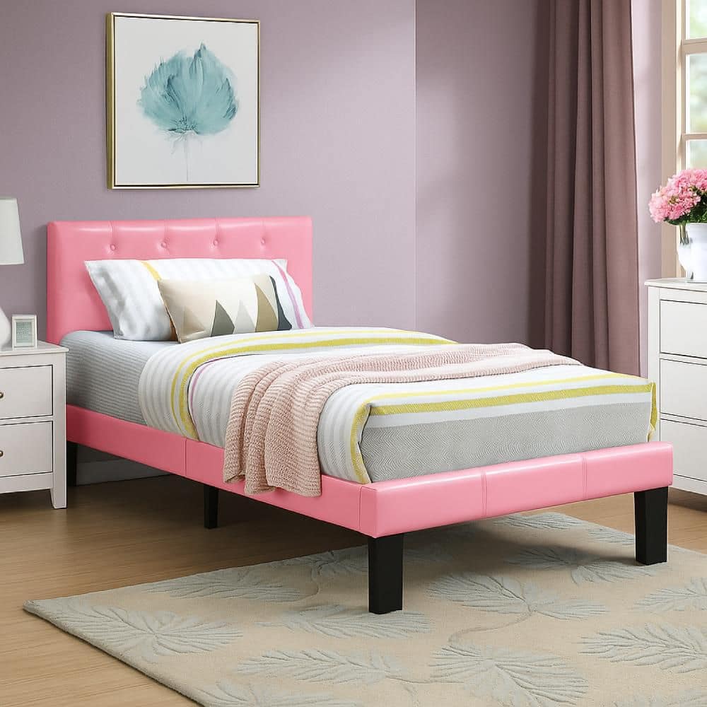 Benjara Pink Faux Leather Upholstered Twin Size Bed with Tufted