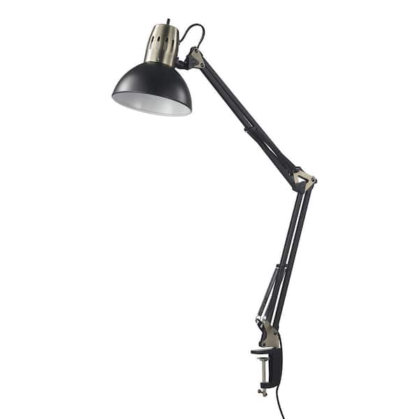 Globe Electric Architect 33.13" In Matte Black Plug-In Multi-Joint Clip-On Gooseneck Desk Lamp with Metal Clamp Base and Antique Brass