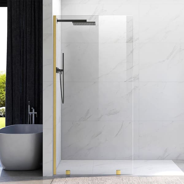 UKH07B 39-1/2 in. W x 80 in. H U-Channel Frameless Fixed Shower Door Panel in Satin Brass, 3/8 in. Clear Glass