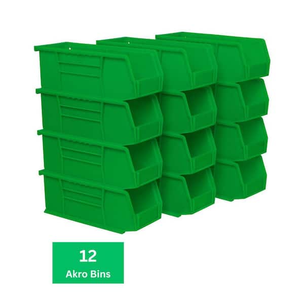 30224 Plastic Stackable Storage Bins, 11 in. x 4 in. x 4 in. Green, 12-pack