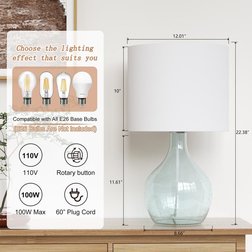 22.38" Blue Bubble Glass Table Lamp with White Shade