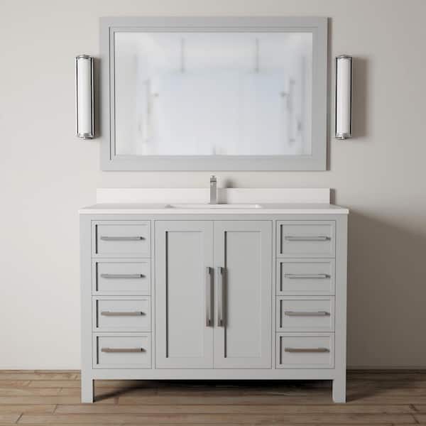 Urban Woodcraft 48 in. W x 22 in. D x 36 in. H Single Sink Wood Vanity in Grey with White Quartz Counter Top with White Basin and Mirror