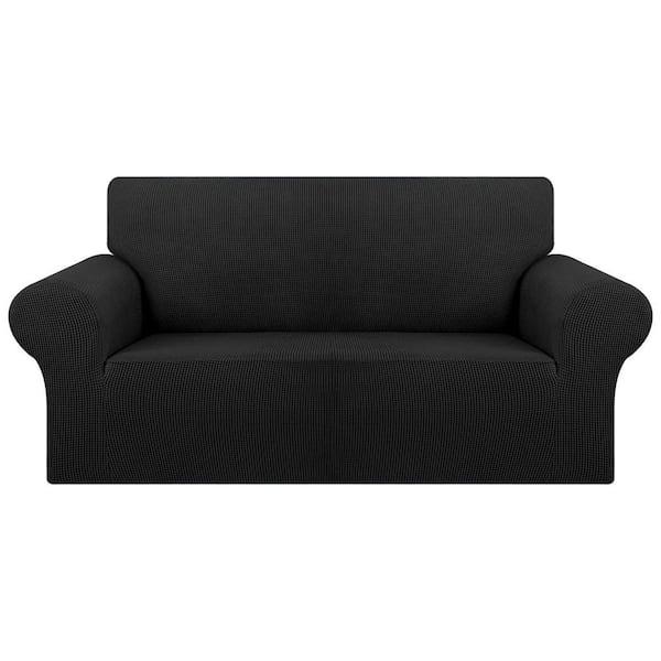 31"-55" Stretch Single Sofa Slipcover Couch Cover w Elastic Bottom for Furniture Protector, Small Checked Pattern, Black