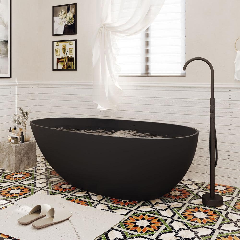 59 in. x 31 in. Stone Resin Solid Surface Non-Slip Freestanding Soaking Bathtub with Brass Drain and Hose in Matte Black price history on PriceWatchPro