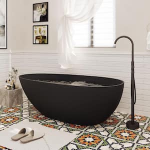 59 in. x 31 in. Stone Resin Solid Surface Non-Slip Freestanding Soaking Bathtub with Brass Drain and Hose in Matte Black