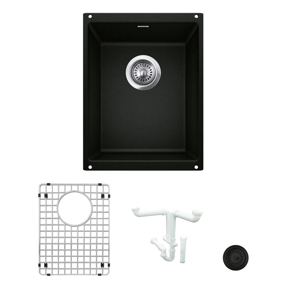 Precis Granite Composite 13.75 in. Undermount Bar Sink Kit in Coal Black wi
