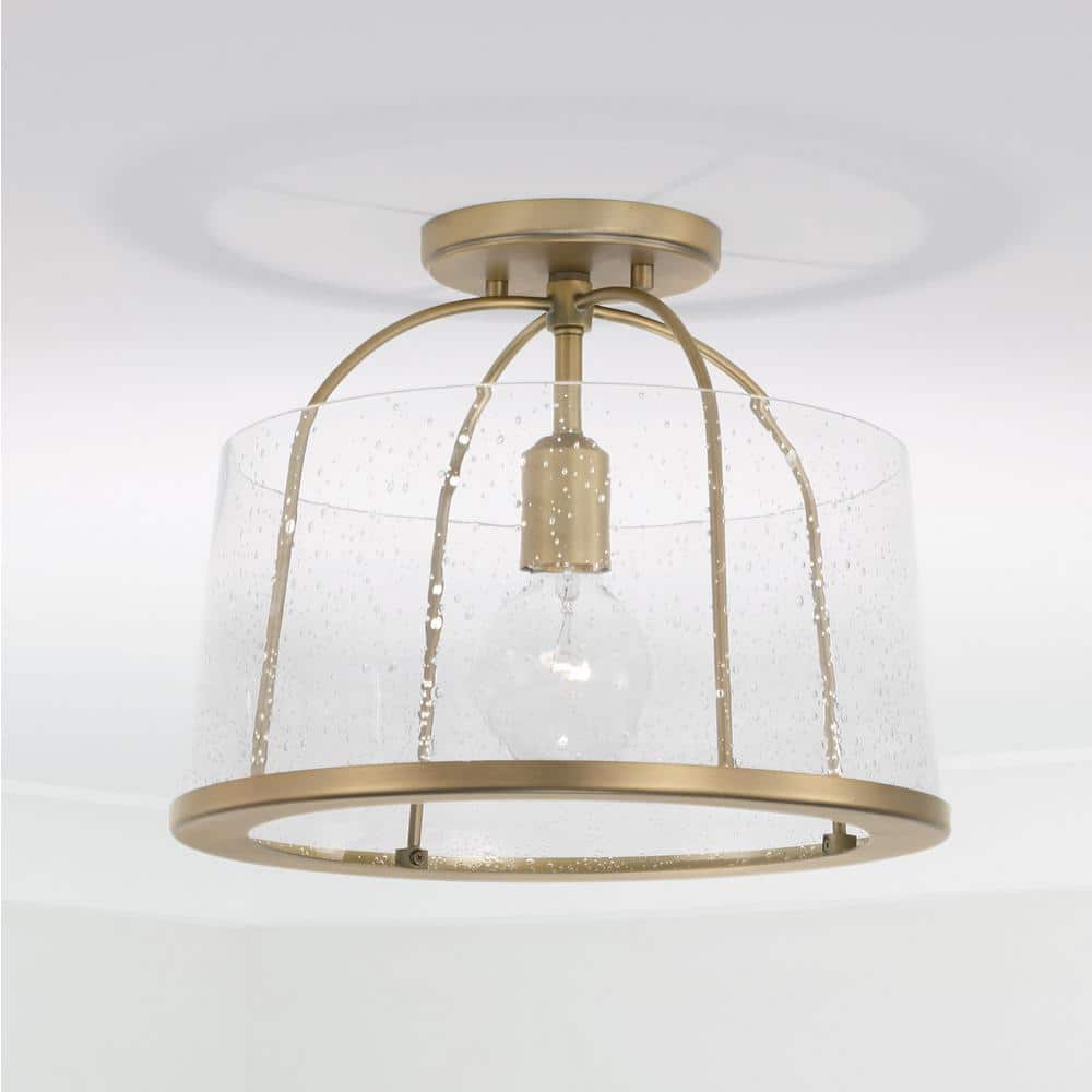 Aged Brass and Clear Seeded Glass Drum Pendant Light