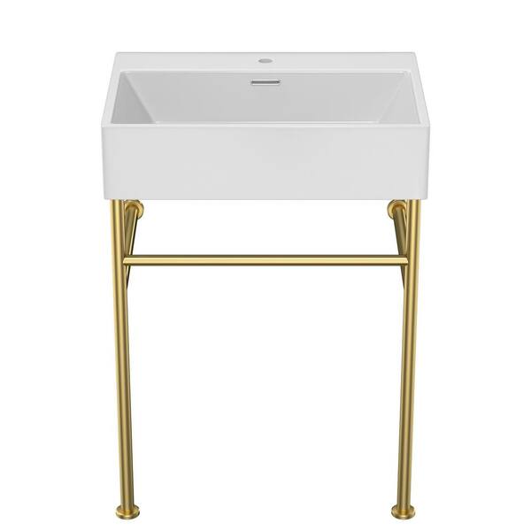 Miscool 24 in. White Ceramic Rectangular Bathroom Console Sink Basin and Legs Combo with Overflow and Gold Legs