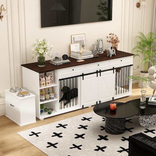 FUFU&GAGA Large Dog Crate Furniture with 3 Drawers, Wood Dog Cage Crate End Table for Medium Large Dogs with Divider and Shelves