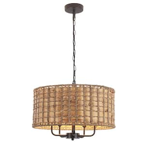 5 - Light Black Drum Natural Rattan Seagrass Chandelier for Dining Room Kitchen Island Entryway with no Bulbs Included