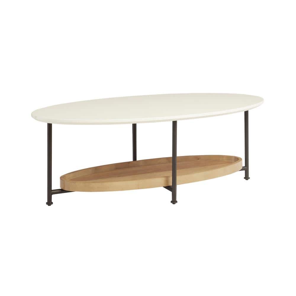 White and Natural Oval Wood Metal Coffee Table
