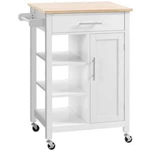 White Rubberwood Top Kitchen Cart with Cabinet, Drawer and Shelves