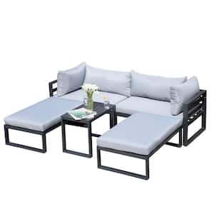 Jess 5-Piece Aluminum Patio Conversation Set with Grey Cushions and Stools