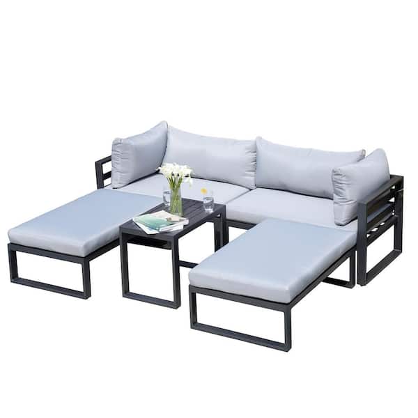DIRECT WICKER Jess 5-Piece Aluminum Patio Conversation Set with Grey Cushions and Stools
