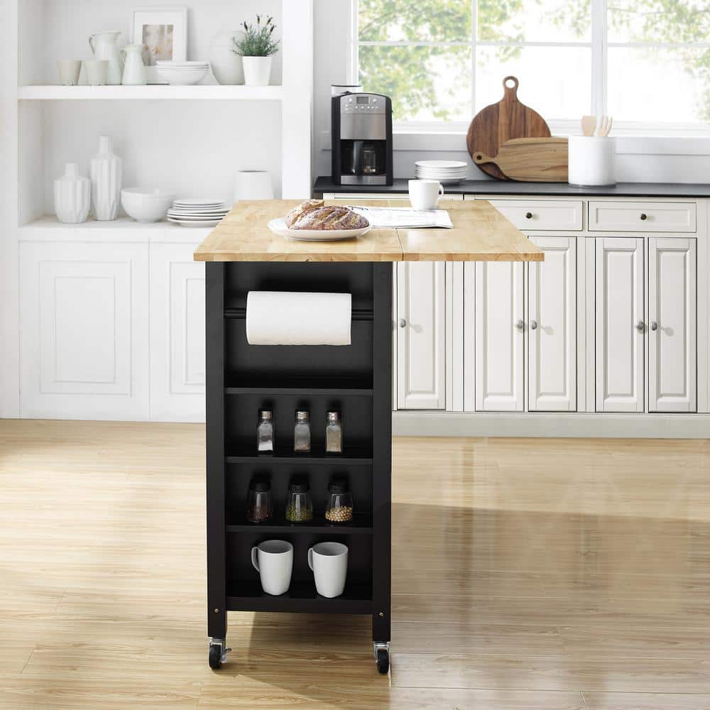 Black Wood Top Drop Leaf Kitchen Island Cart