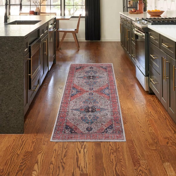Machine Washable Brilliance Ivory/Brick 2 ft. x 6 ft. Center Medallion Traditional Kitchen Runner Area Rug