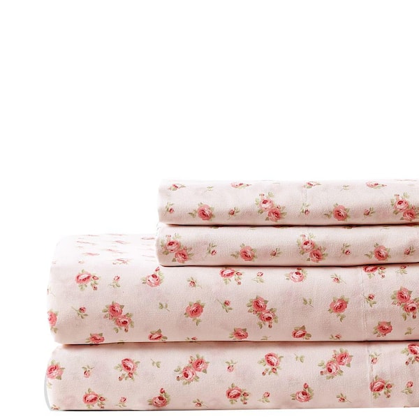 THE URBAN PORT Melun 4-Piece Pink and White Rose Sketch Full Size Sheet Set
