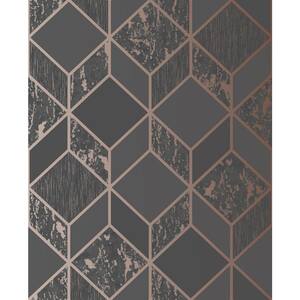 Vittorio Geometric Charcoal/Rose Gold Paper Peelable Roll (Covers 56 sq. ft.)