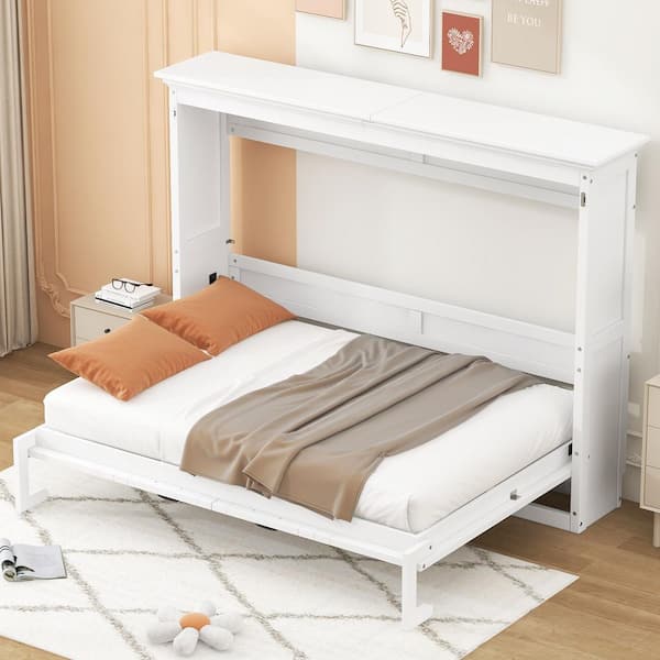 Halden White Wood Frame Full Size Murphy Bed, Wall Bed Folded into a Cabinet