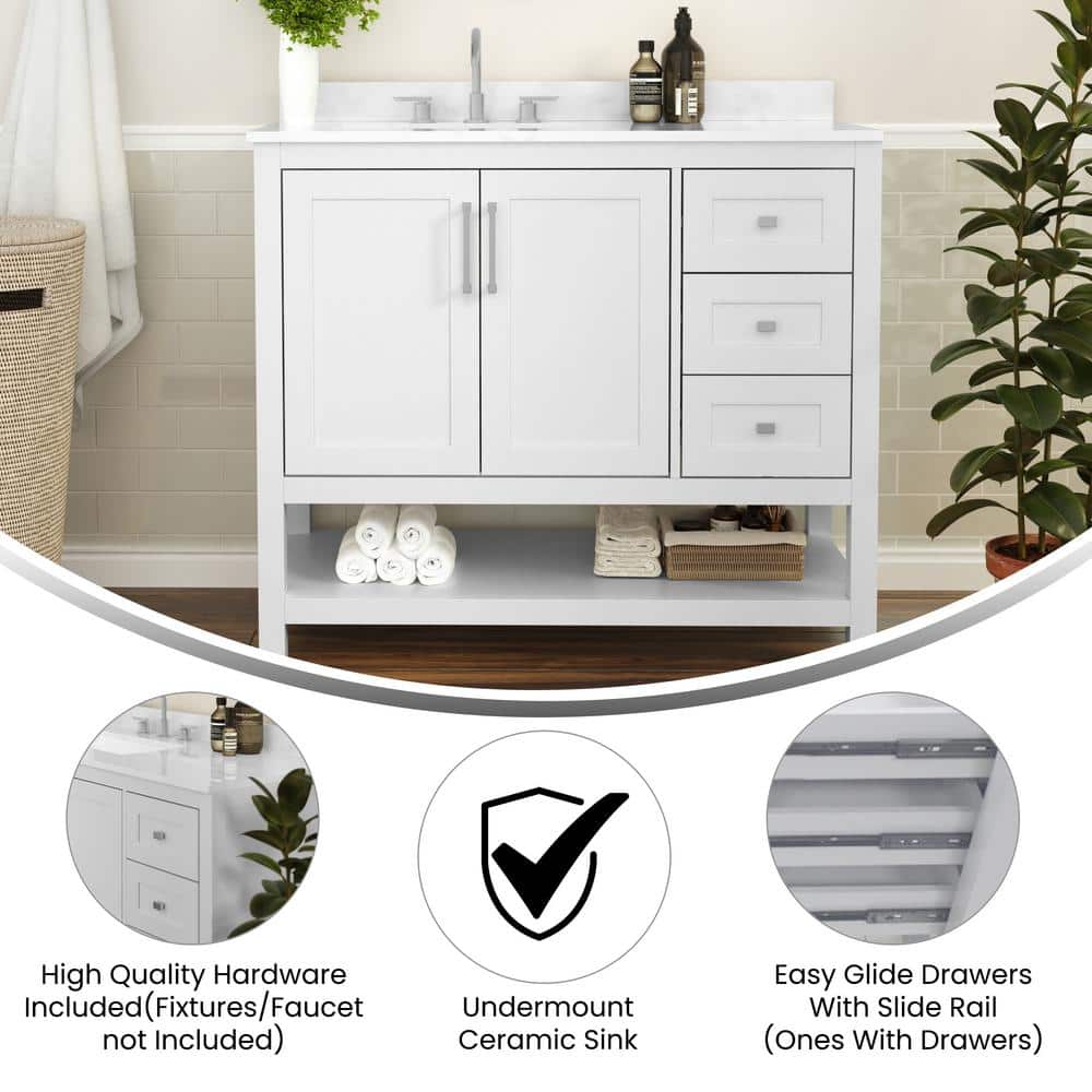 Vivien 42" White Composite Bathroom Vanity with Carrara Marble Top