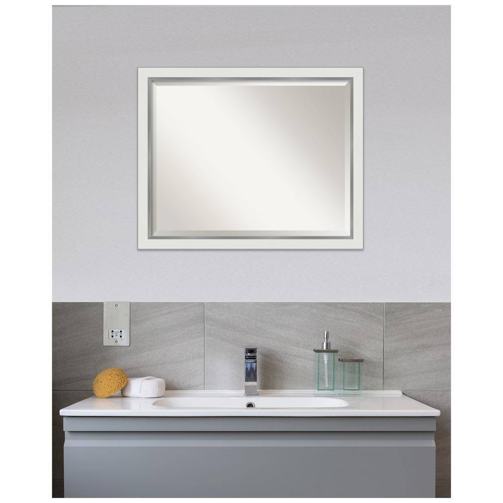 Contemporary White and Silver Rectangular Bathroom Vanity Wall Mirror