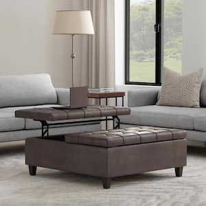 Harrison 40 in. Wide Transitional Square Large Coffee Table Storage Ottoman in Distressed Brown Vegan Faux Leather