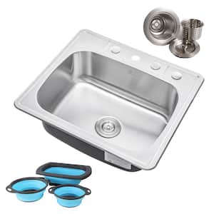 Topmount Drop-In 18-Gauge Stainless Steel 25 in. 4 Faucet Hole Single Bowl Kitchen Sink w/Collapsible Silicone Colanders