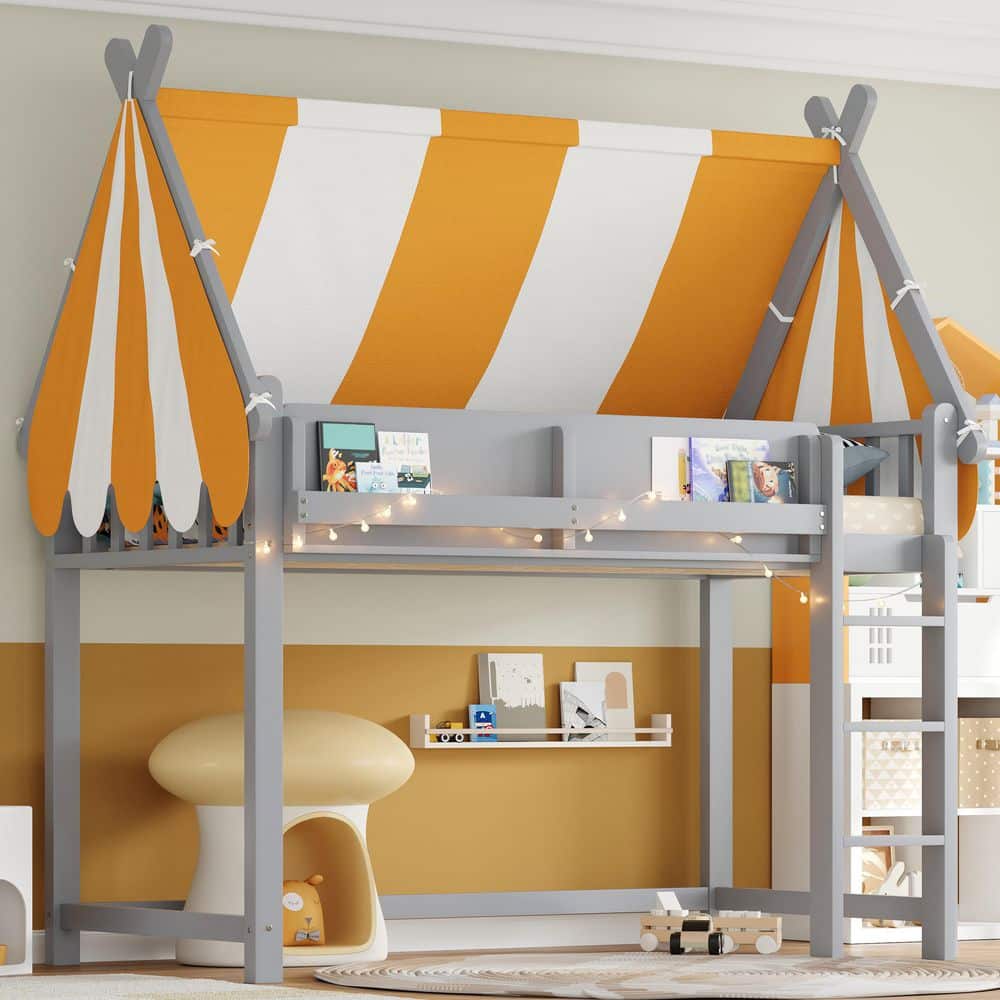 Gray Twin Size Wood Loft Bed with Canopy, LED Lights and Book Shelf price history on PriceWatchPro