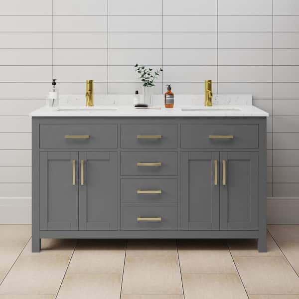 Wyndham Collection Beckett 60 in. W x 22 in. D x 35 in. H Double Sink Bathroom Vanity in Dark Gray with Carrara Cultured Marble Top