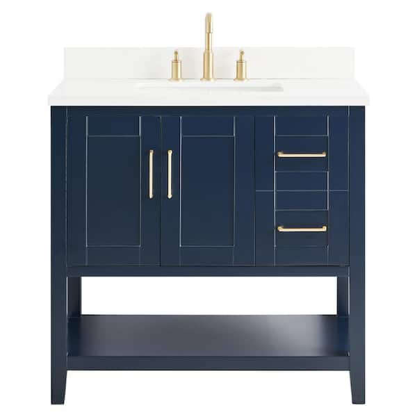 Chameleon Concepts Waldorf 36 in. Free Standing Bath Vanity in Navy with Pure White Quartz Top and Single Sink Ceramic Basin