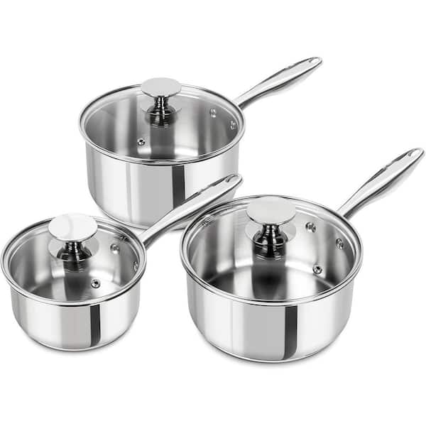 3PCS Saucepan Set Mirror Finish Stainless Steel Induction Ready Quick Heating Glass Lid Cool Grip Handle Dishwasher Safe
