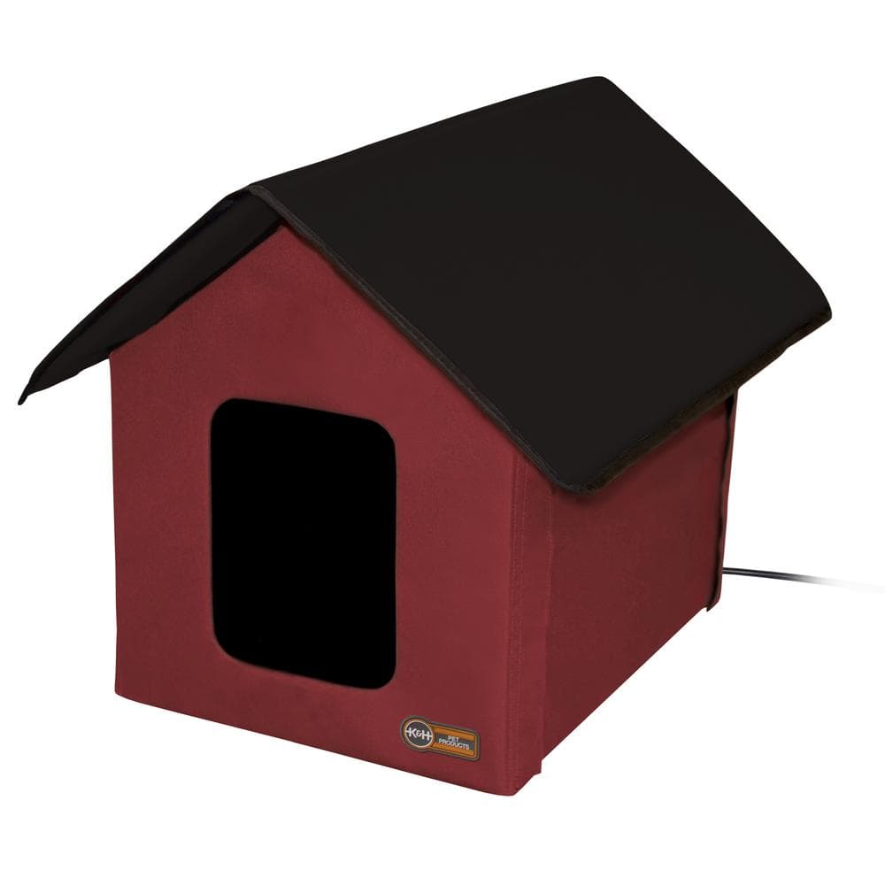 Red and Black Heated Outdoor Cat House with Vinyl Backing