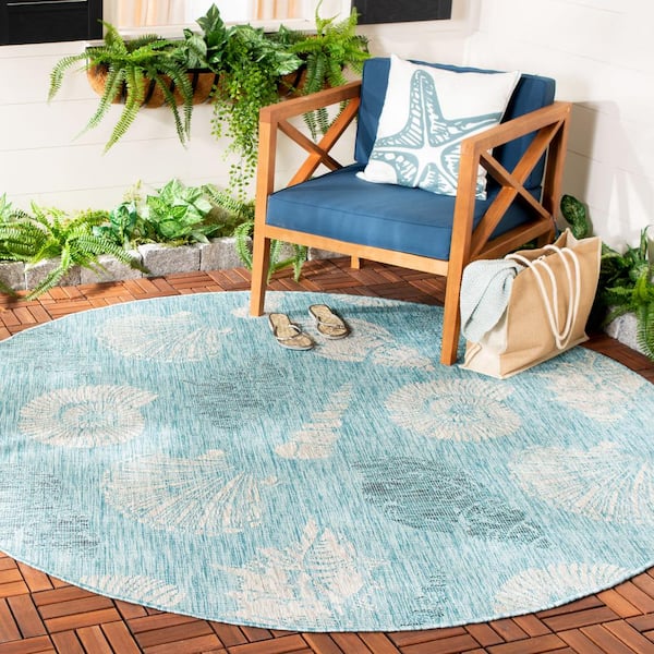 Courtyard Aqua/Cream 7 ft. x 7 ft. Round Geometric Indoor/Outdoor Patio  Area Rug