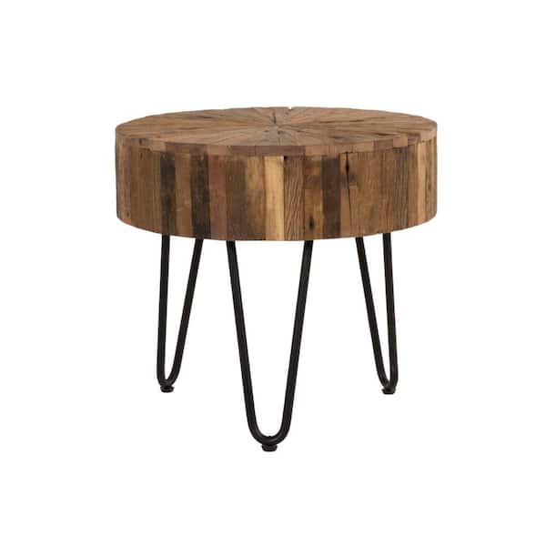 Benjara 22 in. Brown and Black Round Wood End Table with Hairpin Legs